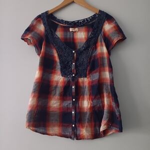 Hollister Blue Orange Plaid Button Front Top Lace Panel Short Sleeve S